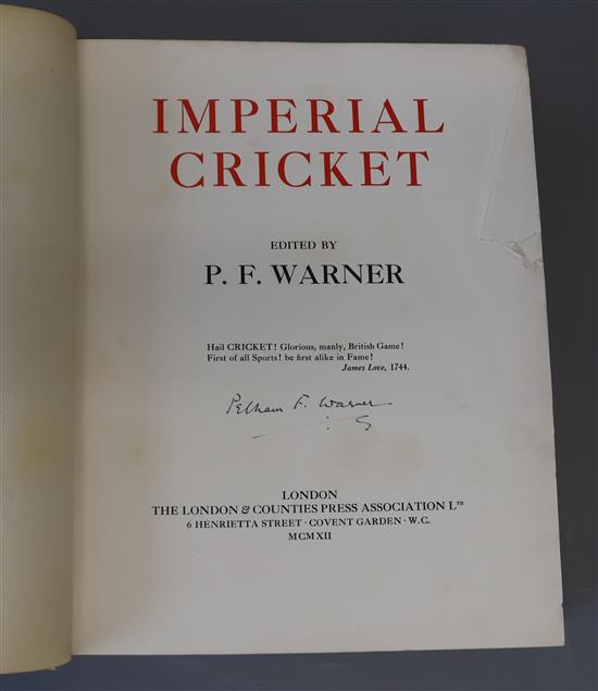 Warner, Pelham Francis, Sir - Imperial Cricket, number 39 of 100, signed by author, qto, original vellum, tears and some loss to fore-e